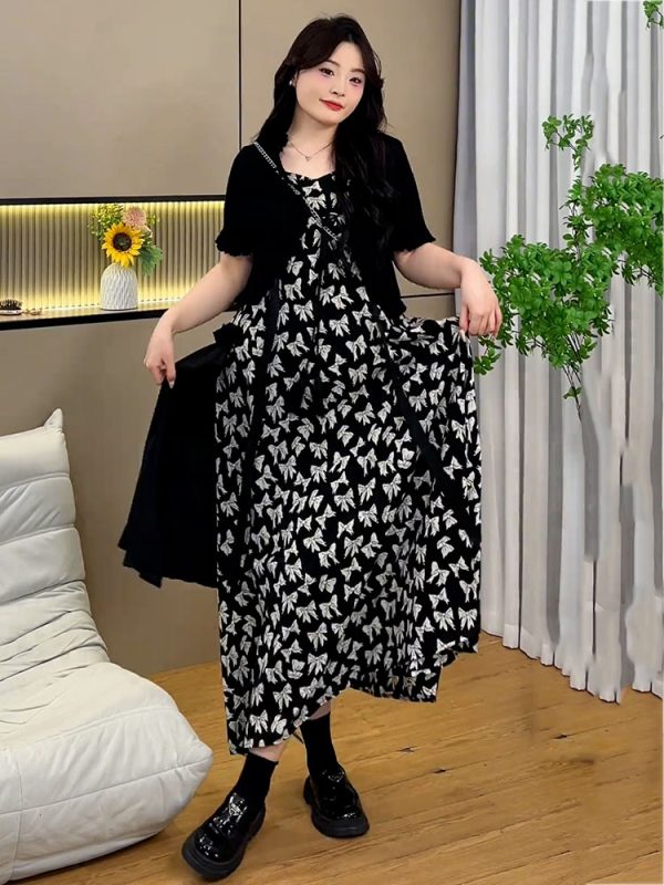 Plus Size Oversized Summer Cover-Up Outfit for Women - Short Sleeve Cardigan with Printed Camisole Dress