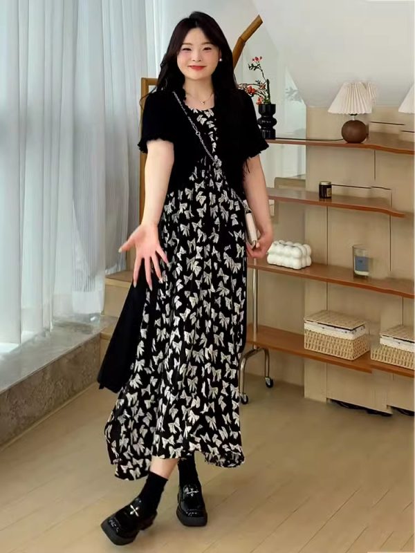 Plus Size Oversized Summer Cover-Up Outfit for Women - Short Sleeve Cardigan with Printed Camisole Dress
