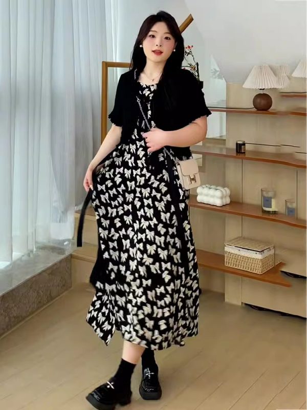 Plus Size Oversized Summer Cover-Up Outfit for Women - Short Sleeve Cardigan with Printed Camisole Dress