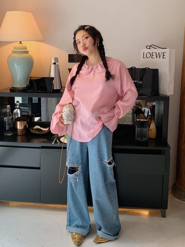 Plus Size Pearl Ripped Wide-Leg Jeans for Women - Loose Straight Leg Pants for Spring Summer 2025, Trendy Casual Fashion