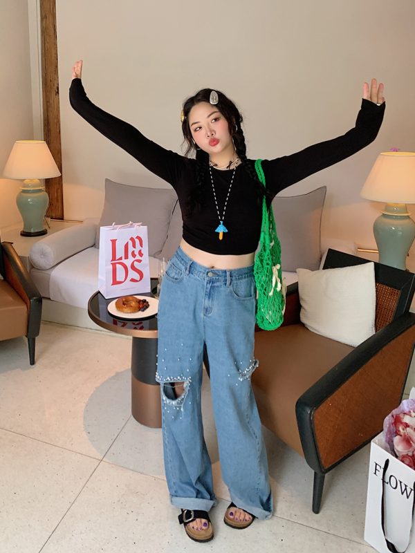 Plus Size Pearl Ripped Wide-Leg Jeans for Women - Loose Straight Leg Pants for Spring Summer 2025, Trendy Casual Fashion