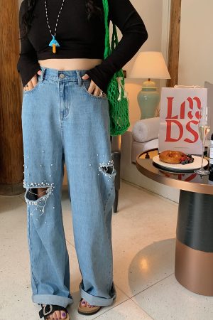 Plus Size Pearl Ripped Wide-Leg Jeans for Women - Loose Straight Leg Pants for Spring Summer 2025, Trendy Casual Fashion