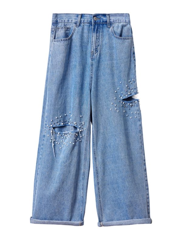 Plus Size Pearl Ripped Wide-Leg Jeans for Women - Loose Straight Leg Pants for Spring Summer 2025, Trendy Casual Fashion