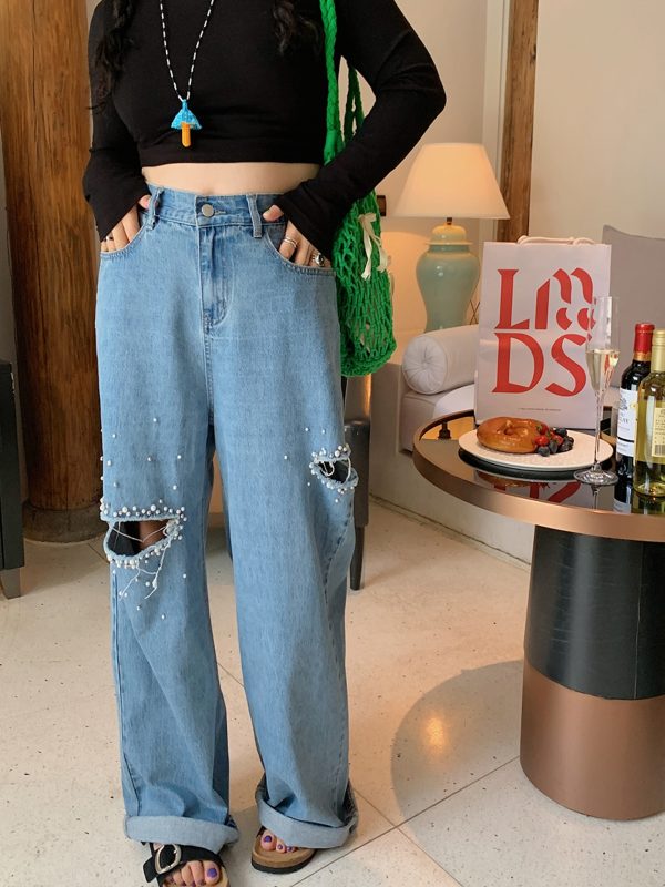 Plus Size Pearl Ripped Wide-Leg Jeans for Women - Loose Straight Leg Pants for Spring Summer 2025, Trendy Casual Fashion