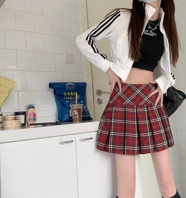 Plus-Size Pink Plaid High-Waisted Pleated Midi Skirt - Women's Summer Checkered A-Line Skirt with Slim Fit for Trendy Style