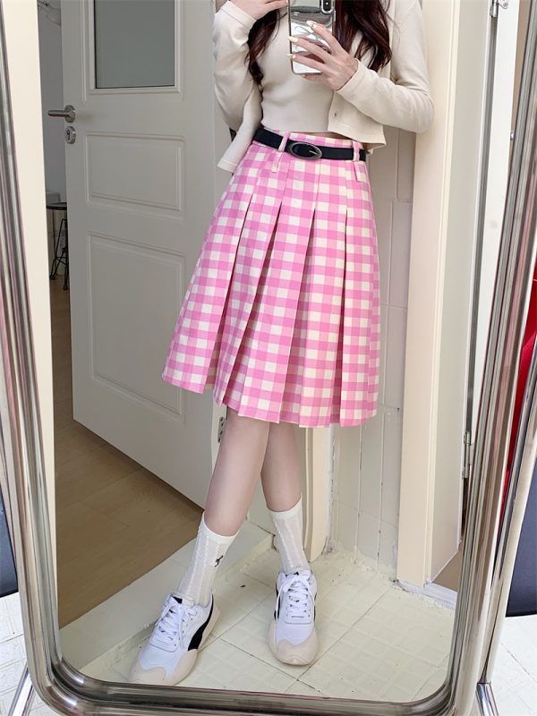 Plus Size Pink Plaid High-Waisted Pleated Midi Skirt for Women - Summer College Style A-Line Patterned Skirt