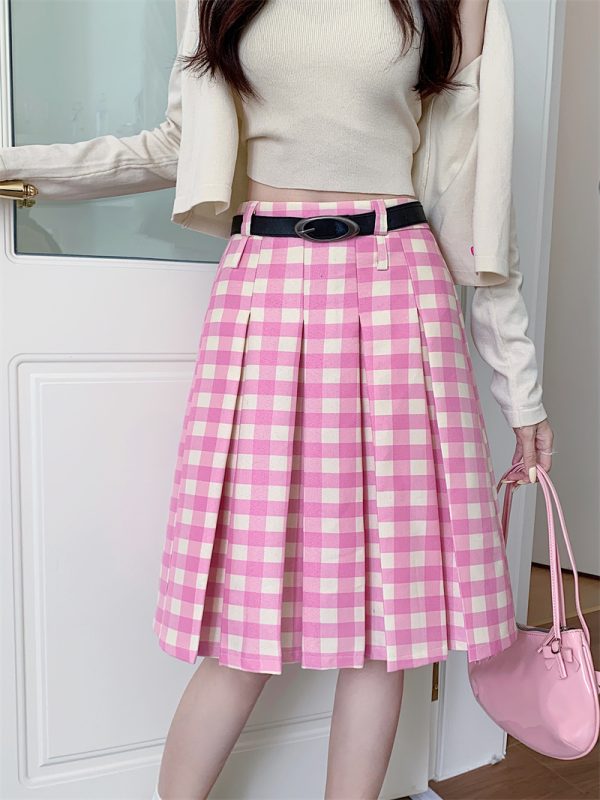 Plus Size Pink Plaid High-Waisted Pleated Midi Skirt for Women - Summer College Style A-Line Patterned Skirt