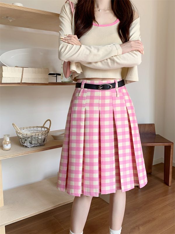 Plus Size Pink Plaid High-Waisted Pleated Midi Skirt for Women - Summer College Style A-Line Patterned Skirt