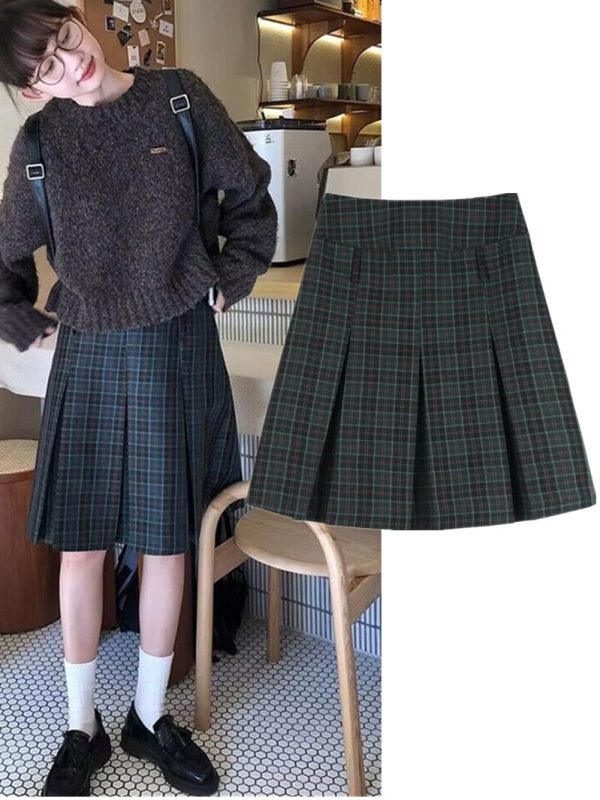 Plus-Size Plaid A-Line Pleated Skirt for Women - Mid-Length Checkered Spring/Summer College Style Skirt