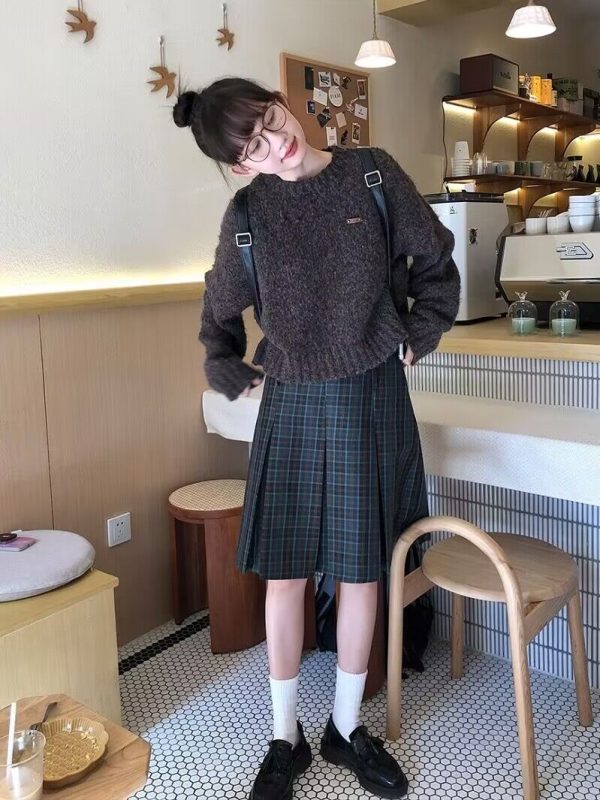 Plus-Size Plaid A-Line Pleated Skirt for Women - Mid-Length Checkered Spring/Summer College Style Skirt