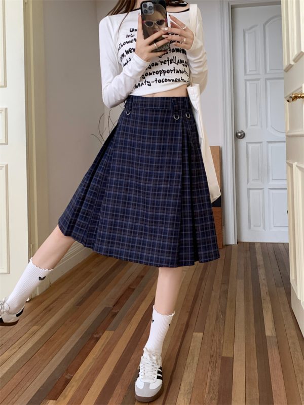 Plus Size Plaid A-Line Skirt for Women, High-Waisted Checkered Skirt, Autumn College Style, Slimming Mid-Length Fashion