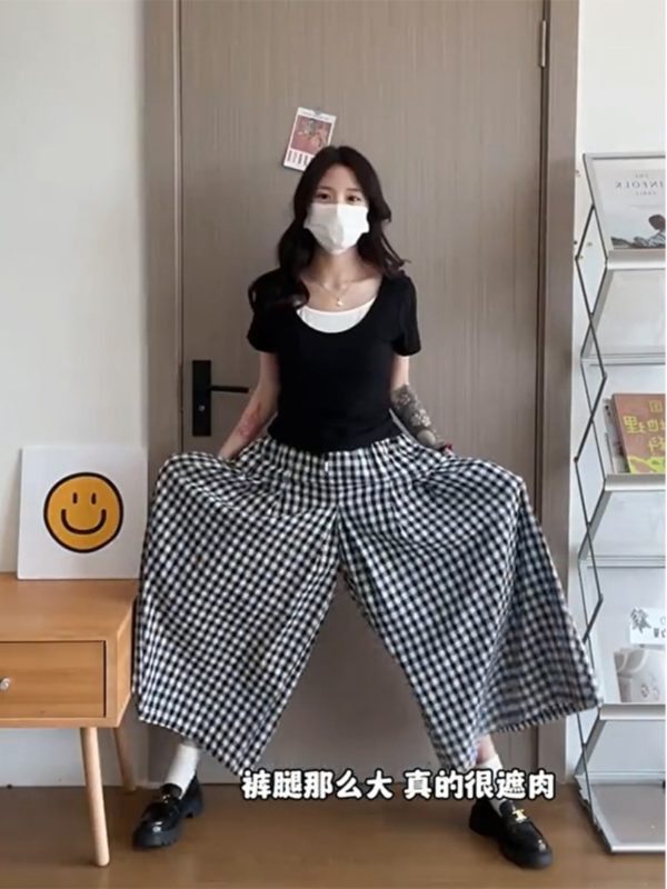 Plus Size Plaid Summer Skirt Pants for Curvy Women, Slimming Wide-Leg Flowy Trousers, Casual 2025 Fashion