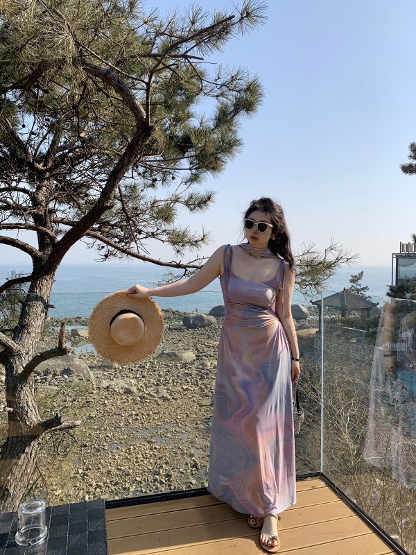 Plus Size Pleated Camisole Dress with Flowing Straps - Mesh Elastic Waist for Summer Beach Vacation, Island Style, Relaxed Fit