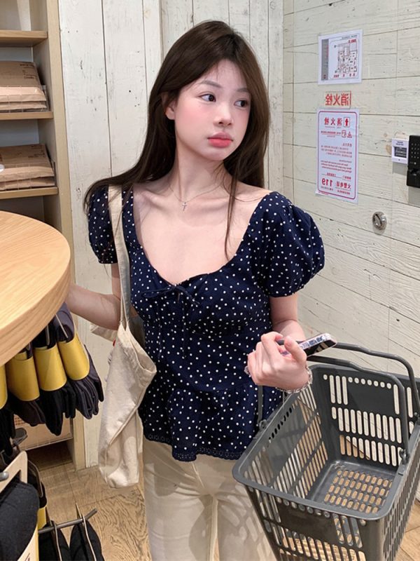 Plus Size Polka Dot U-Neck Bubble Short Sleeve Shirt for Women - Summer Sweet Spicy Tummy-Covering Top, Trendy and Unique Design
