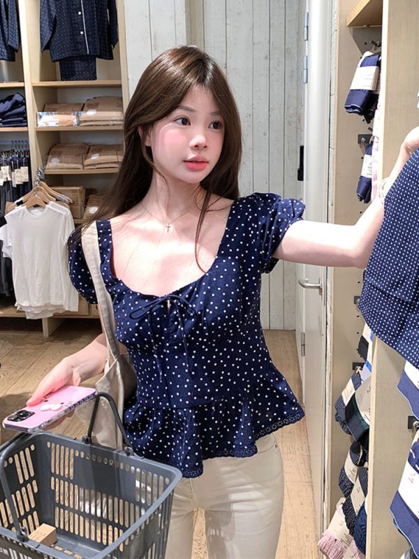 Plus Size Polka Dot U-Neck Bubble Short Sleeve Shirt for Women - Summer Sweet Spicy Tummy-Covering Top, Trendy and Unique Design