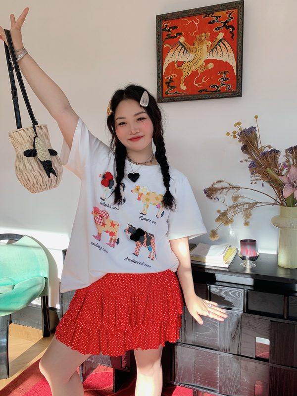 Plus Size Printed Short Sleeve T-Shirt for Women - Loose Round Neck Summer Top, Trendy Gold Design, 2025 Fashion Essential