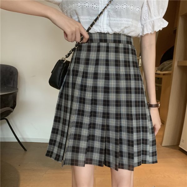 Plus Size Purple Plaid Pleated Midi Skirt for Women - High-Waisted A-Line College Style