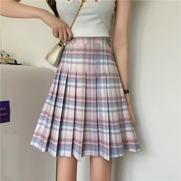 Plus Size Purple Plaid Pleated Midi Skirt for Women - High-Waisted A-Line College Style