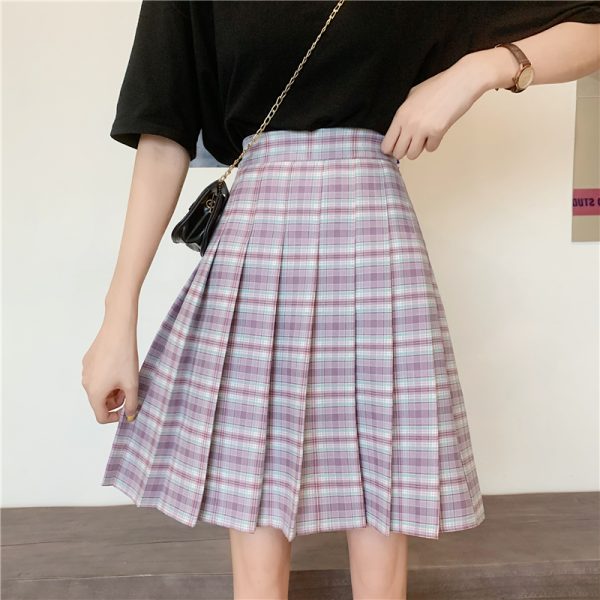 Plus Size Purple Plaid Pleated Midi Skirt for Women - High-Waisted A-Line College Style