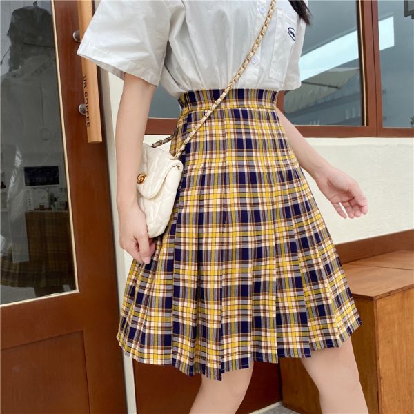 Plus Size Purple Plaid Pleated Midi Skirt for Women - High-Waisted A-Line College Style