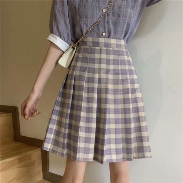 Plus Size Purple Plaid Pleated Midi Skirt for Women - High-Waisted A-Line College Style