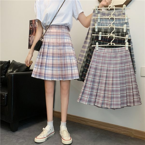 Plus Size Purple Plaid Pleated Midi Skirt for Women - High-Waisted A-Line College Style