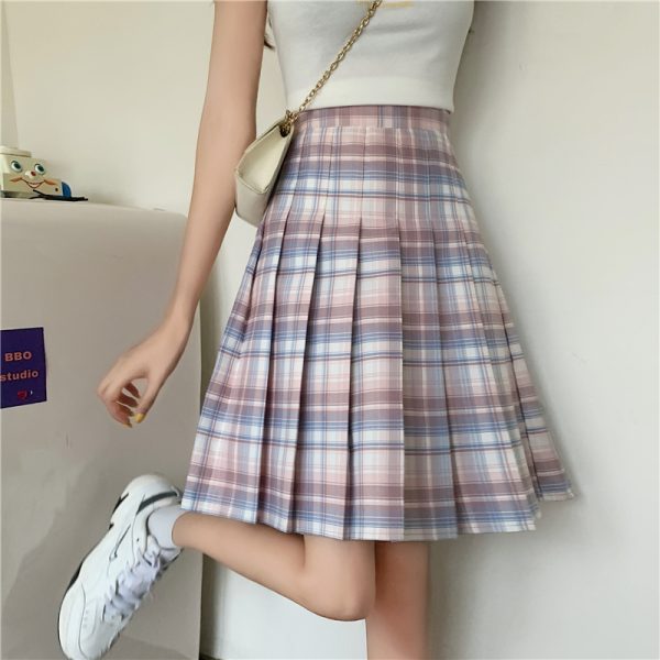 Plus Size Purple Plaid Pleated Midi Skirt for Women - High-Waisted A-Line College Style