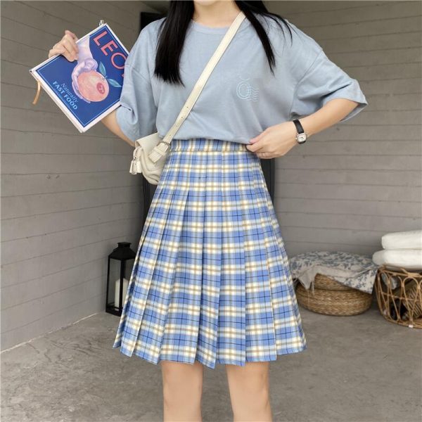 Plus Size Purple Plaid Pleated Midi Skirt for Women - High-Waisted A-Line College Style