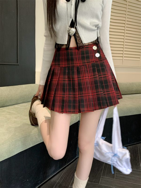 Plus Size Red Plaid Pleated Skirt - Spring Summer A-Line High Waist JK Style Short Skirt for Women