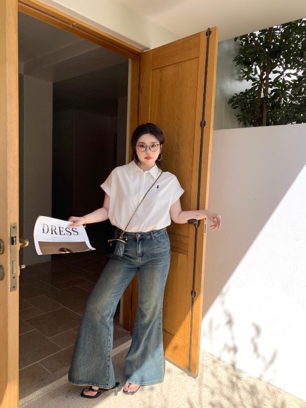 Plus Size Relaxed Old Money Style Short Sleeve Shirt with Flutter Sleeves for High-Ranking Female Protagonists