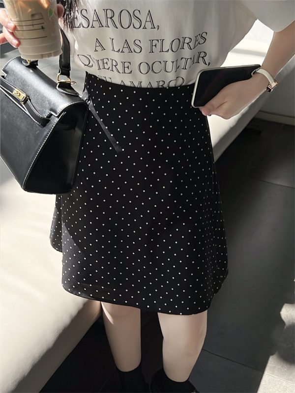 Plus Size Retro Black Polka Dot Half Skirt for Women, Summer A-Line Umbrella Skirt, Petite Bodycon Midi Style
