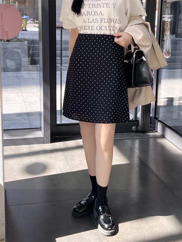 Plus Size Retro Black Polka Dot Half Skirt for Women, Summer A-Line Umbrella Skirt, Petite Bodycon Midi Style