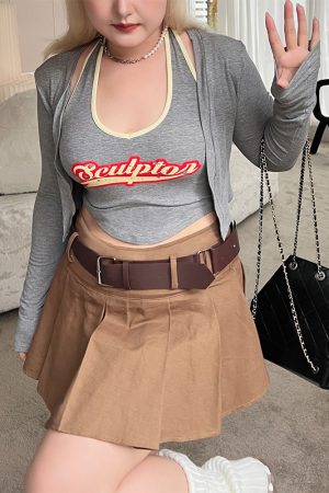 Plus Size Retro Coffee Color Pleated A-Line Mini Skirt - American Style College Fashion, Solid Color, Slim Fit