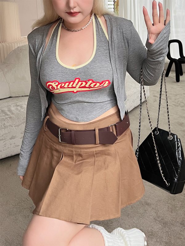 Plus Size Retro Coffee Color Pleated A-Line Mini Skirt - American Style College Fashion, Solid Color, Slim Fit