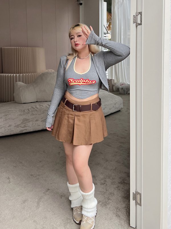 Plus Size Retro Coffee Color Pleated A-Line Mini Skirt - American Style College Fashion, Solid Color, Slim Fit