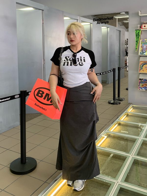 Plus Size Retro Color Block Letter Print Drawstring T-Shirt Top for Women - Slimming Shoulder Design, Casual Y2K Style