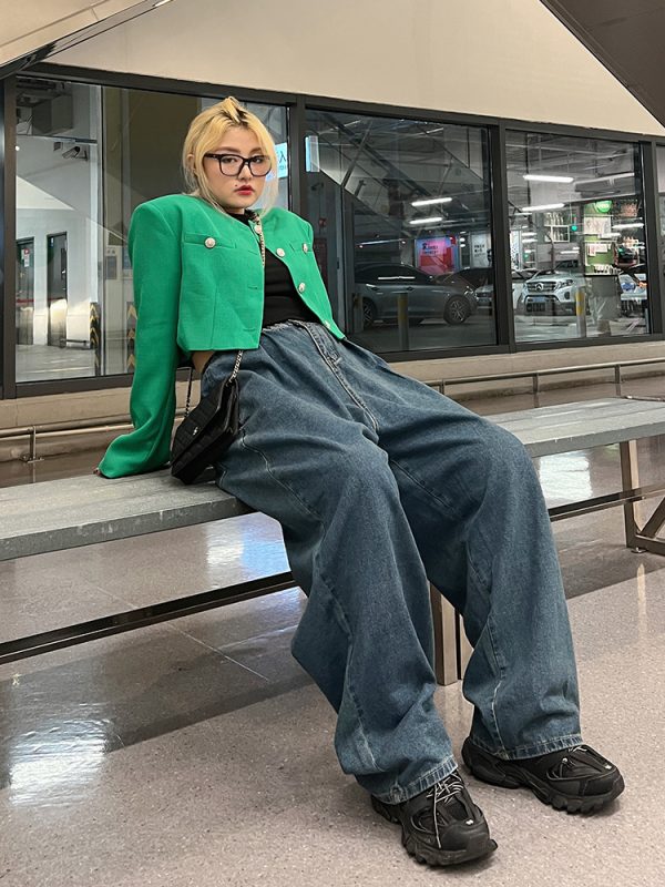 Plus Size Retro High-Waisted Button Straight-Leg Wide-Leg Pants - Casual Slimming Women's Jeans for Y2K and Vintage Style