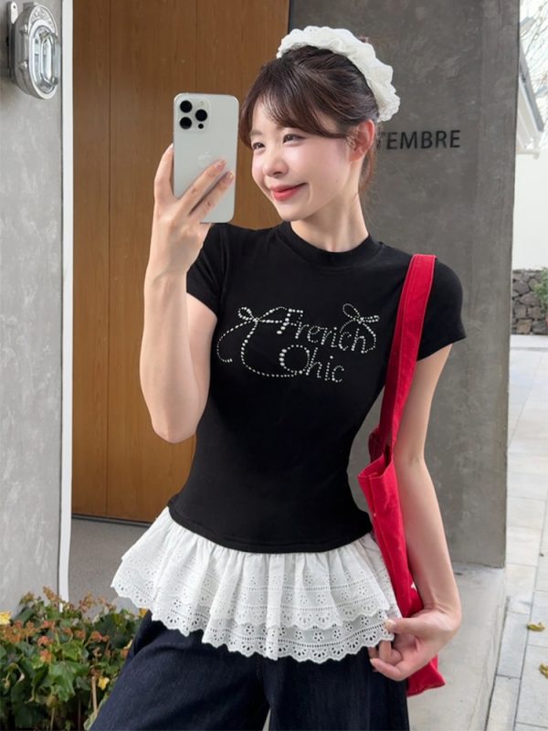 Plus Size Rhinestone Butterfly Knot Lace Short Sleeve T-Shirt for Women - Flattering Slim Fit Summer Top