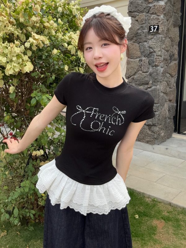 Plus Size Rhinestone Butterfly Knot Lace Short Sleeve T-Shirt for Women - Flattering Slim Fit Summer Top