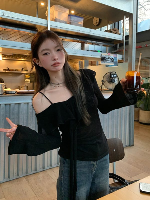 Plus Size Ruffled Off-Shoulder Long Sleeve T-Shirt for Women - Autumn Spicy Girl Design, Unique Camisole Base Top