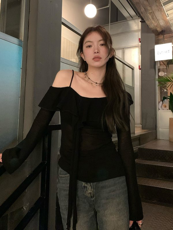 Plus Size Ruffled Off-Shoulder Long Sleeve T-Shirt for Women - Autumn Spicy Girl Design, Unique Camisole Base Top