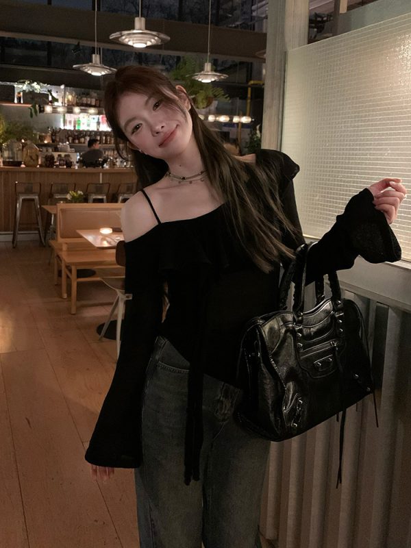 Plus Size Ruffled Off-Shoulder Long Sleeve T-Shirt for Women - Autumn Spicy Girl Design, Unique Camisole Base Top