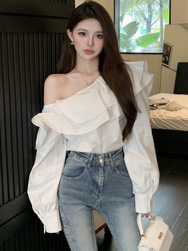 Plus Size Ruffled Off-Shoulder Long Sleeve White Top for Women, Autumn French Style, Flattering Design for Curvy Figures