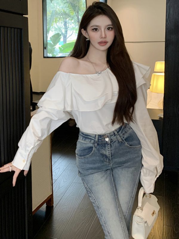 Plus Size Ruffled Off-Shoulder Long Sleeve White Top for Women, Autumn French Style, Flattering Design for Curvy Figures