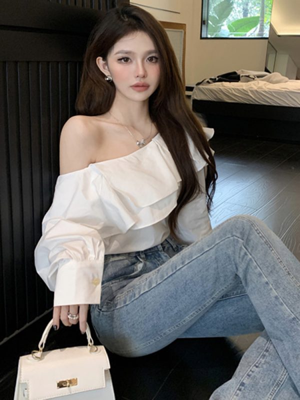 Plus Size Ruffled Off-Shoulder Long Sleeve White Top for Women, Autumn French Style, Flattering Design for Curvy Figures