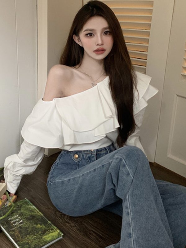 Plus Size Ruffled Off-Shoulder Long Sleeve White Top for Women, Autumn French Style, Flattering Design for Curvy Figures
