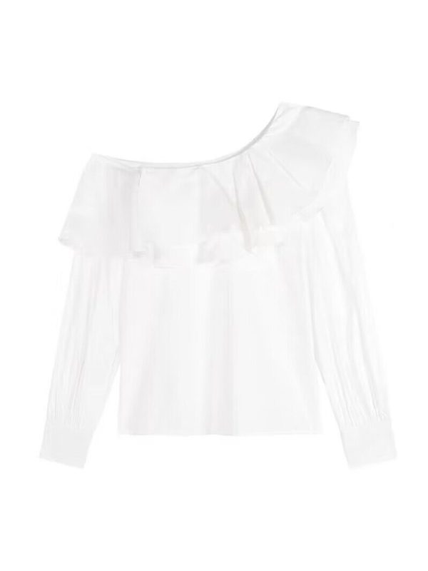 Plus Size Ruffled Off-Shoulder Long Sleeve White Top for Women, Autumn French Style, Flattering Design for Curvy Figures