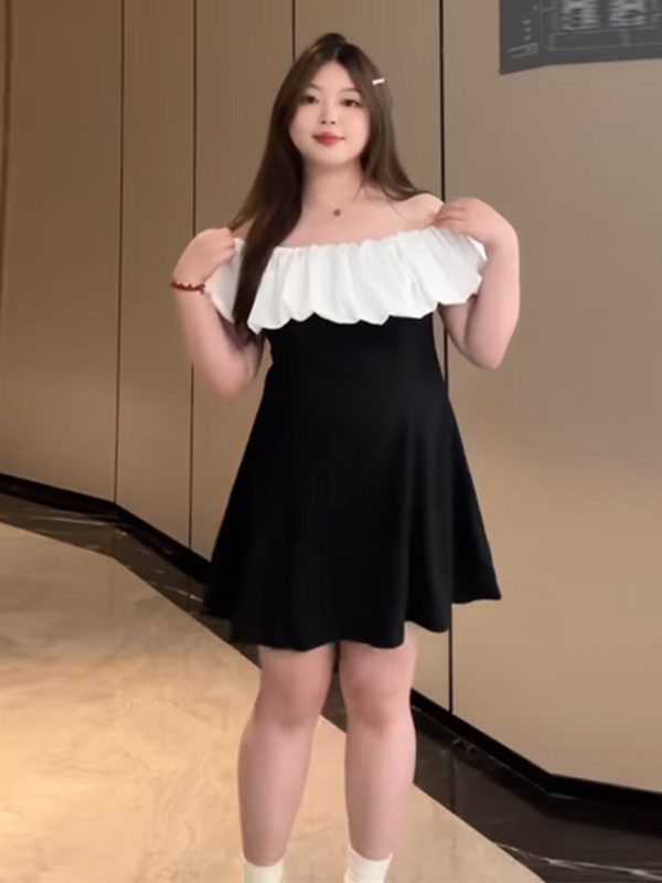 Plus-Size Ruffled Off-Shoulder Sexy Birthday Dress - Fitted Summer Style for Curvy Women, Slimming Aristocratic Look
