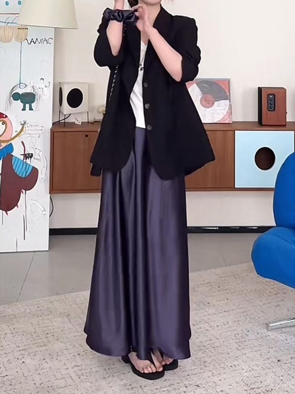 Plus-Size Satin A-Line Midi Skirt for Women - Flattering Mermaid Shape, 2025 New Style, Chic and Elegant Fashion
