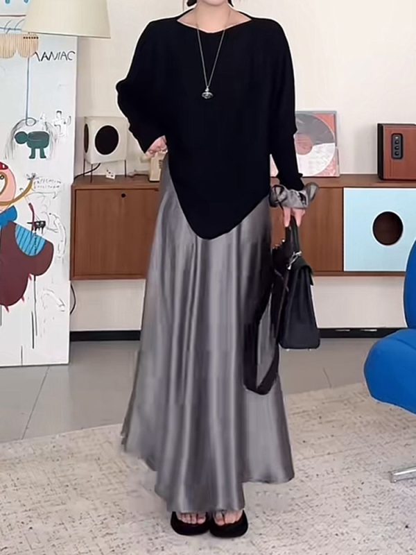 Plus-Size Satin A-Line Midi Skirt for Women - Flattering Mermaid Shape, 2025 New Style, Chic and Elegant Fashion